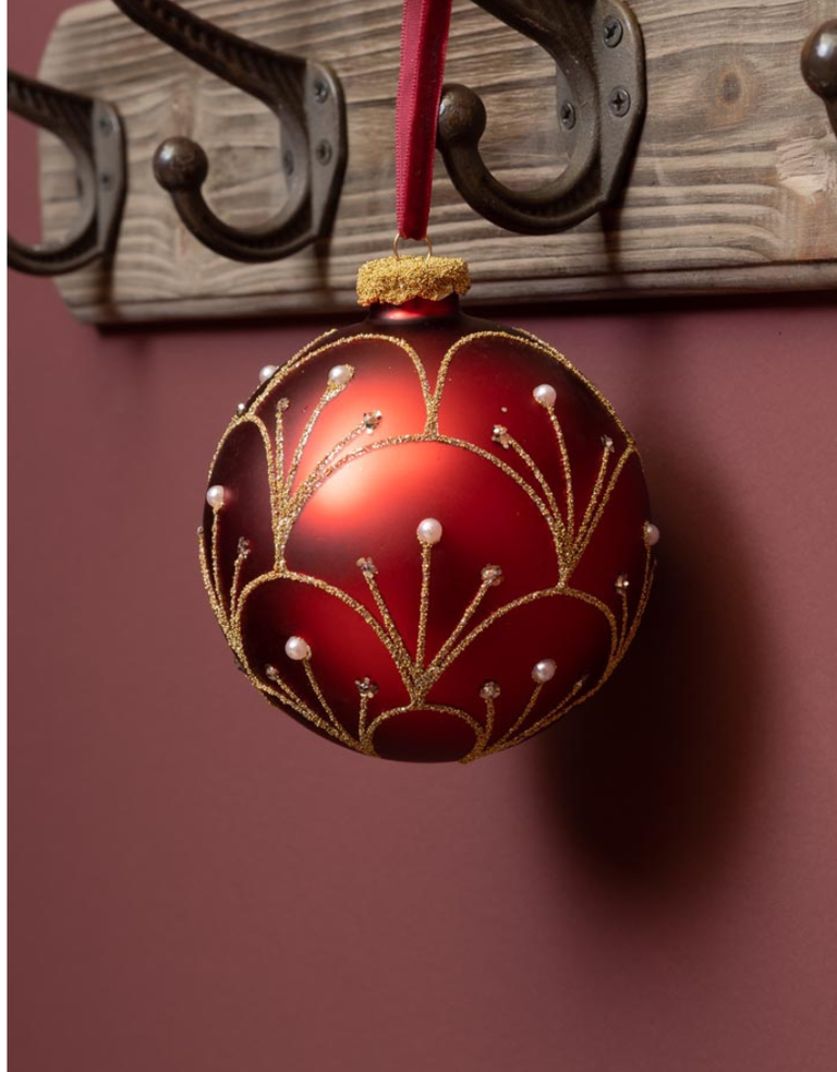 Kerstbal - Glas, rood met gouden fontein en parel decoratie