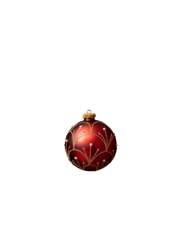 Kerstbal - Glas, rood met gouden fontein en parel decoratie