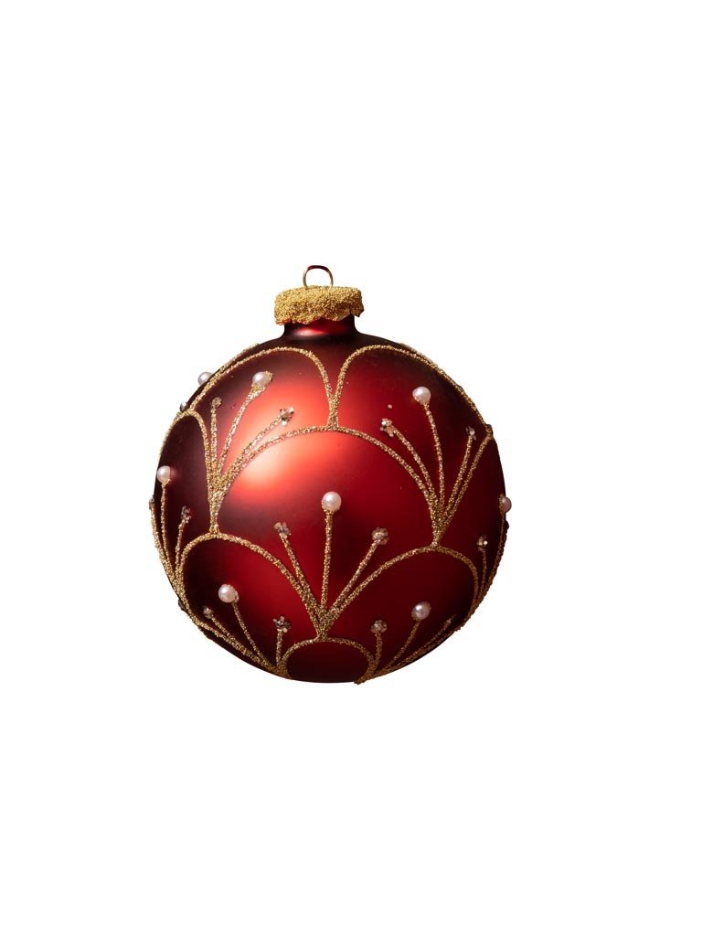 Kerstbal - Glas, rood met gouden fontein en parel decoratie