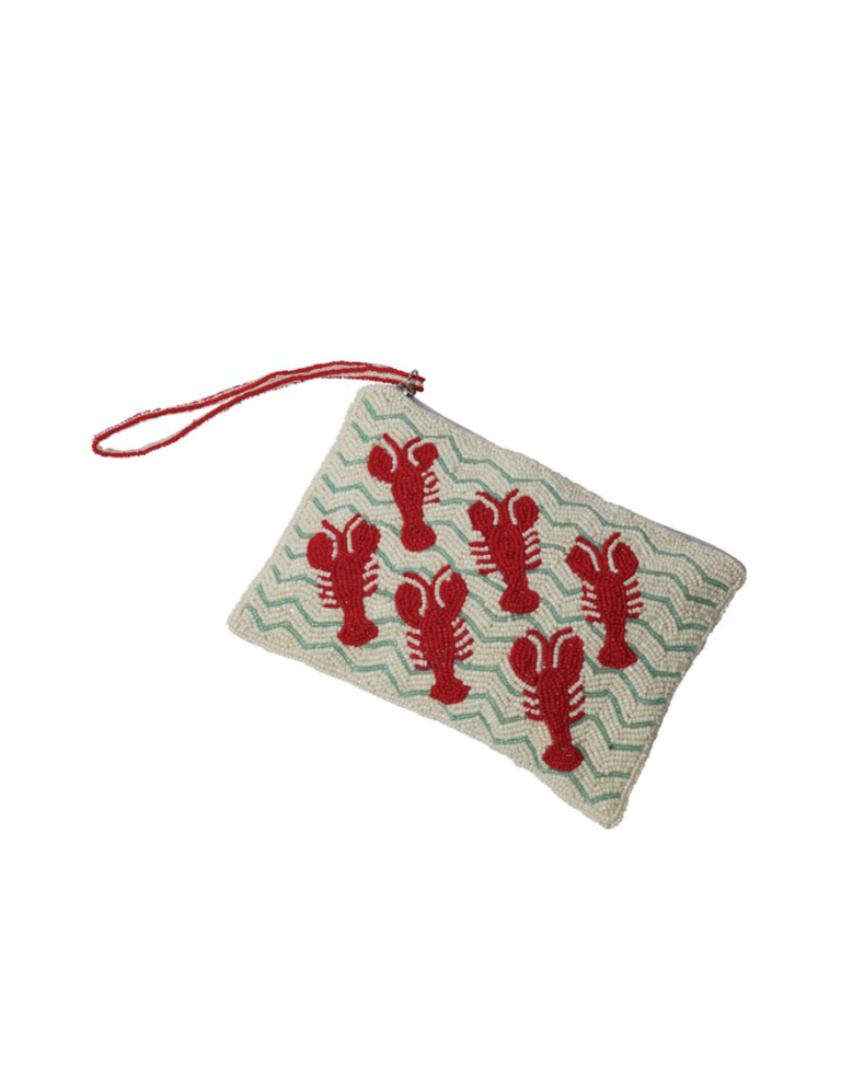 Zipped pouch with beaded lobsters