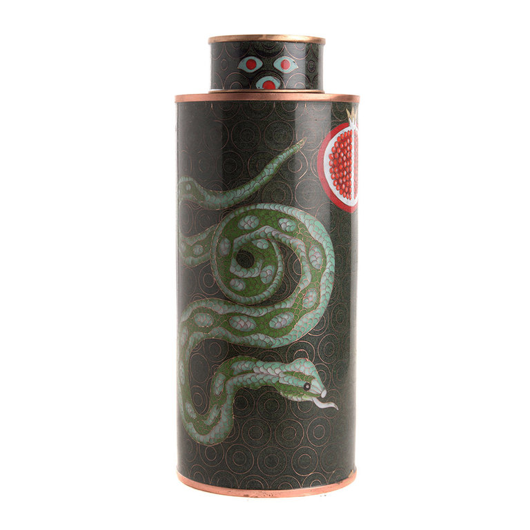 Fabienne Jouvin Cloisonné enameled tea jar with snakes pommegranate - tall