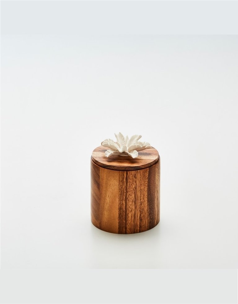 Anoq Tall wooden box with white ceramic flower