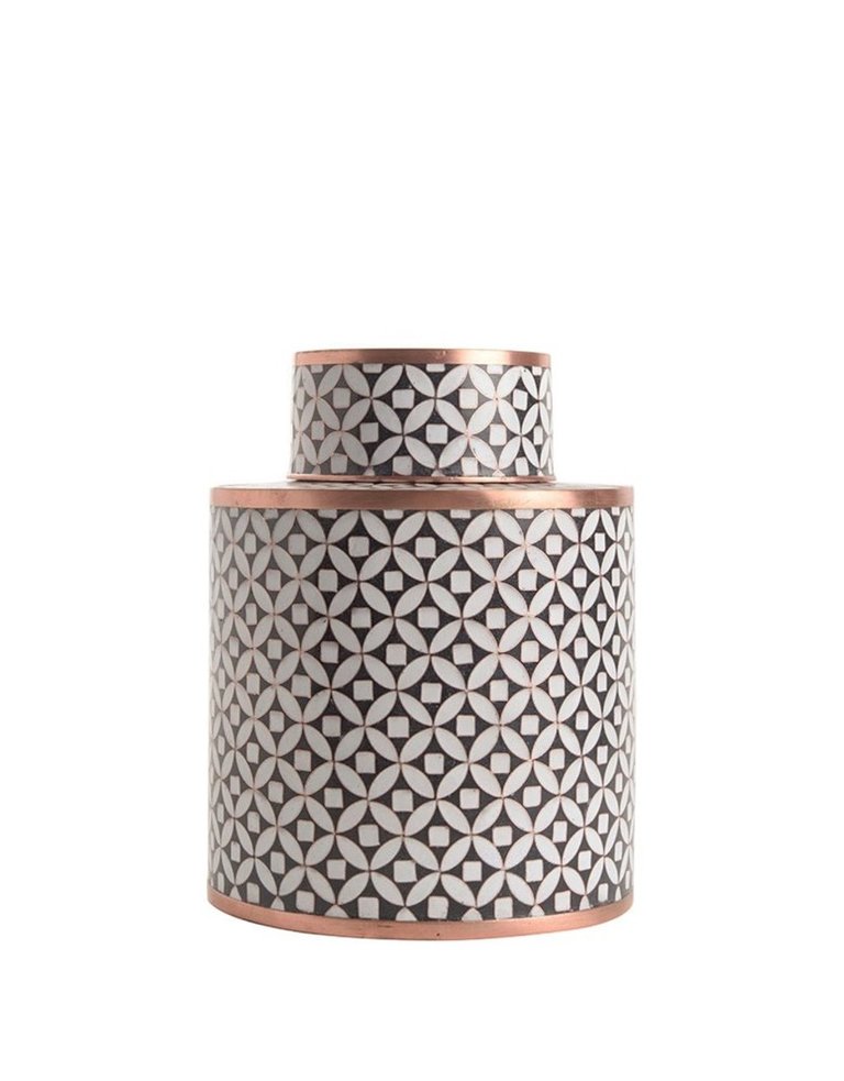 Fabienne Jouvin Cloisonné enameled short tea box, geometric deco black and white copper