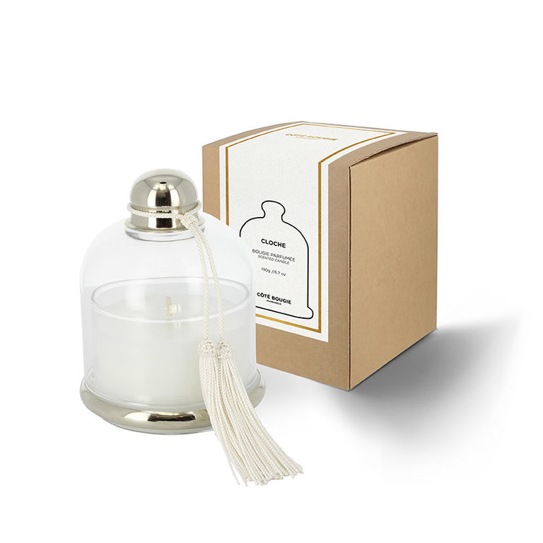 Côté Bougie Scented candle in bell jar with white tassel- Orange flower