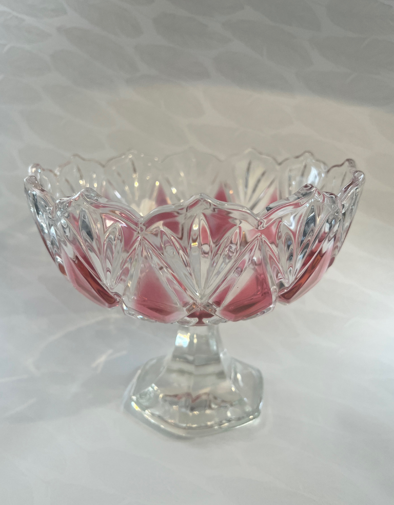 Vintage Vintage schaal van helder en roze glas op voet