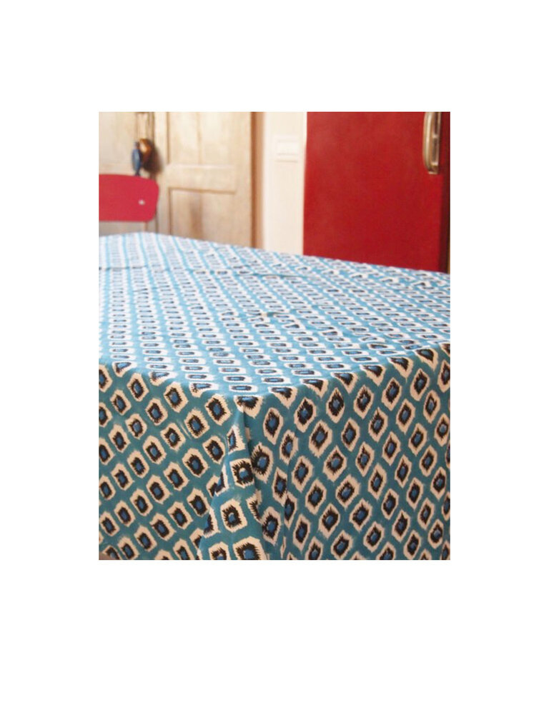 Les Ottomans Les Ottomans Cotton Ikat table cloth -  Turquoise, White and Blue-250x150cm