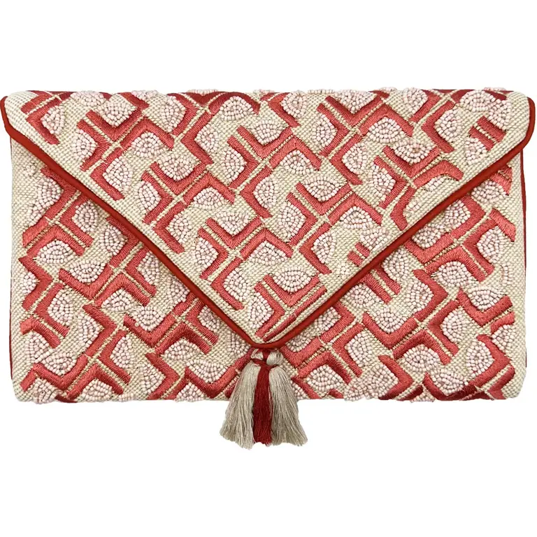 Clutch bag - Coral and beige with tassel