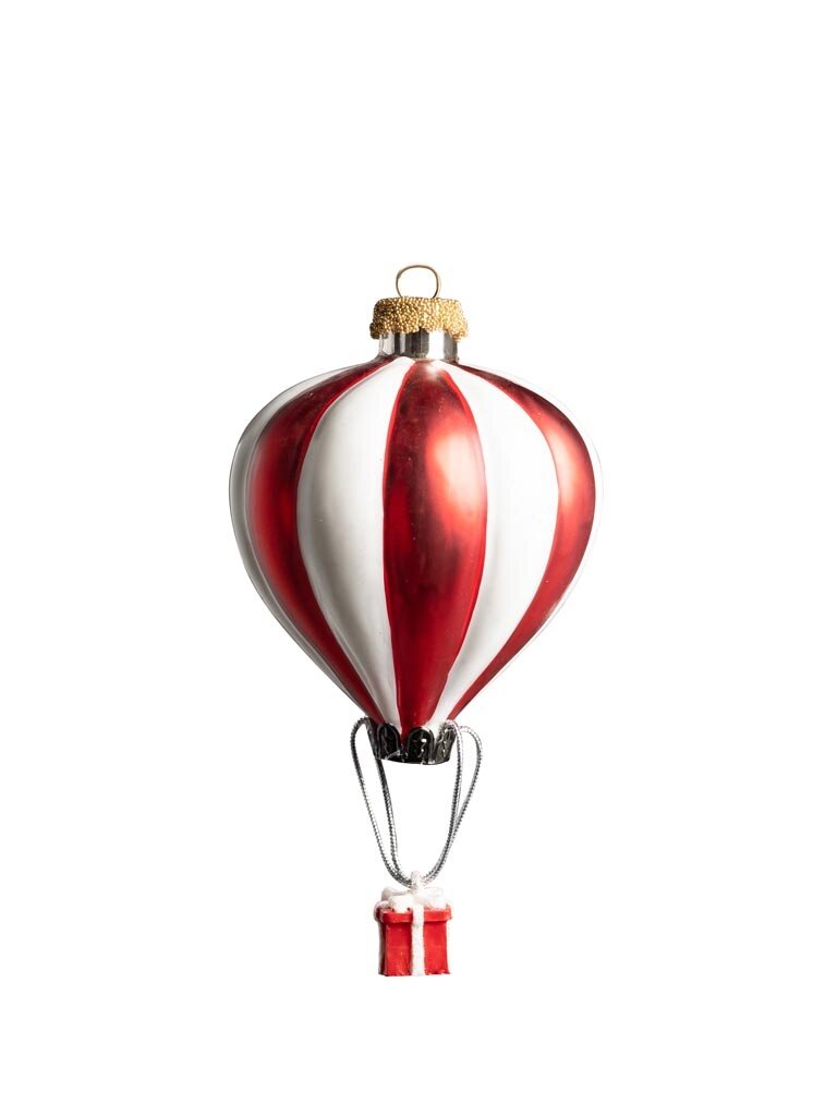 Kerstbal - Rood witte luchtballon met cadeautje