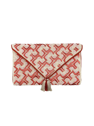 Clutch - Coral and beige with tassel