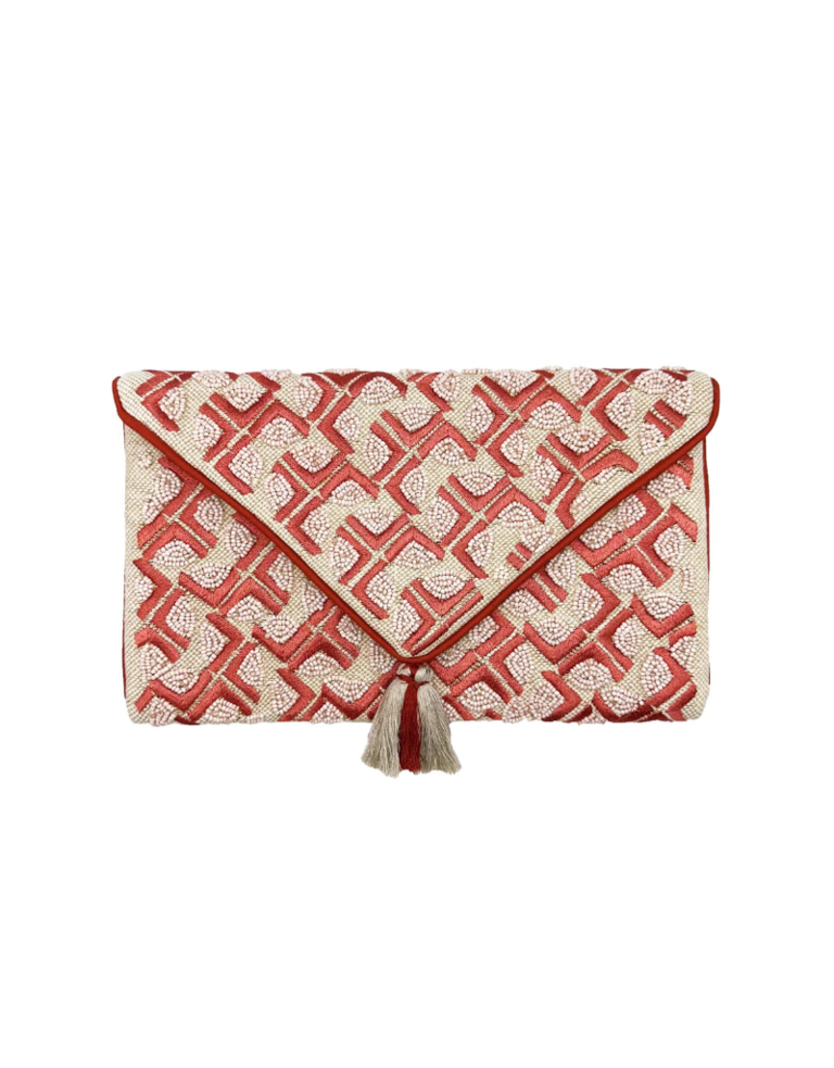 Clutch bag - Coral and beige with tassel