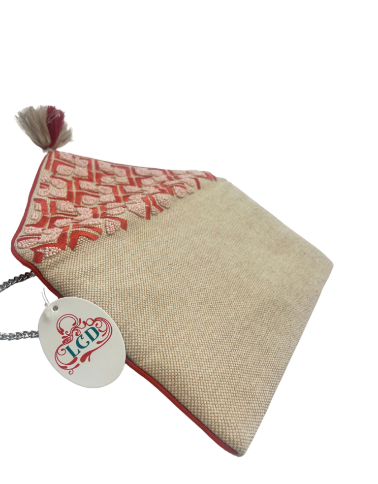 Clutch bag - Coral and beige with tassel