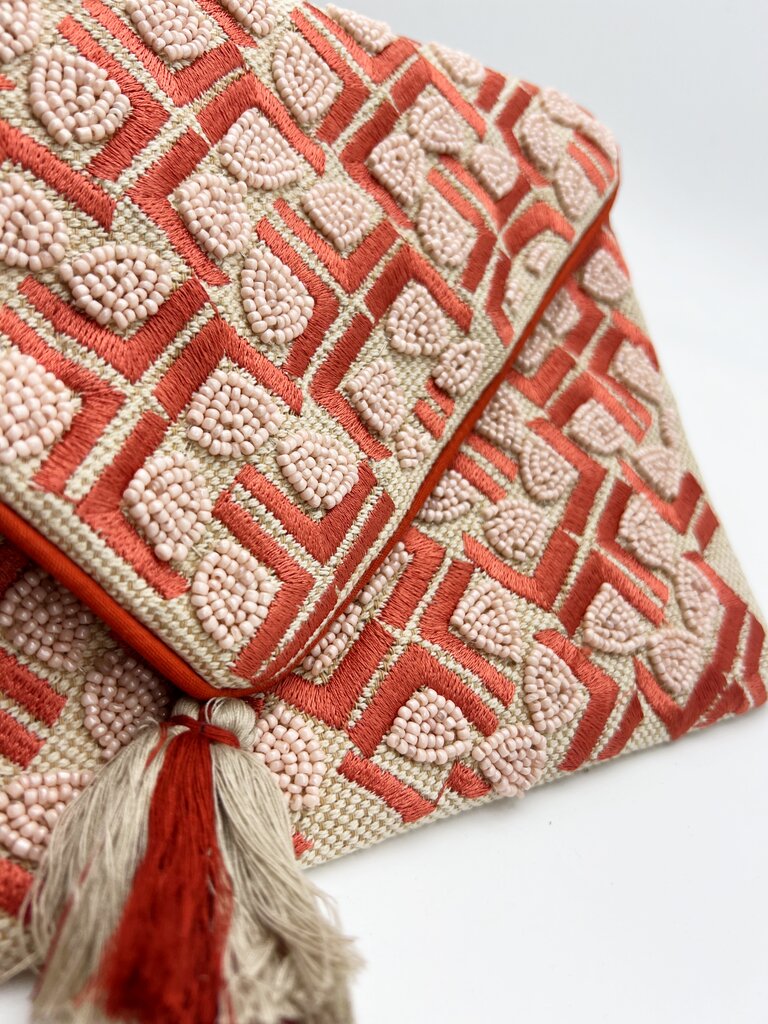Clutch bag - Coral and beige with tassel