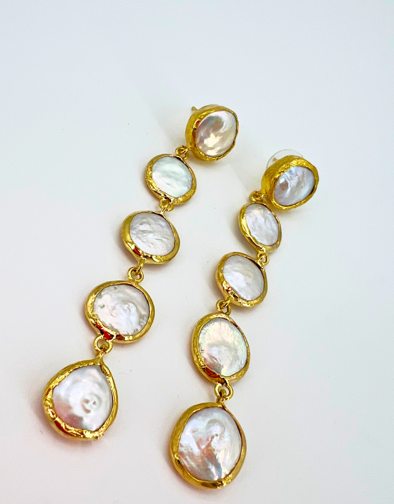 m'Anais Renata – Long Freshwater Pearl Earrings in Gilded Bronze by m'Anais