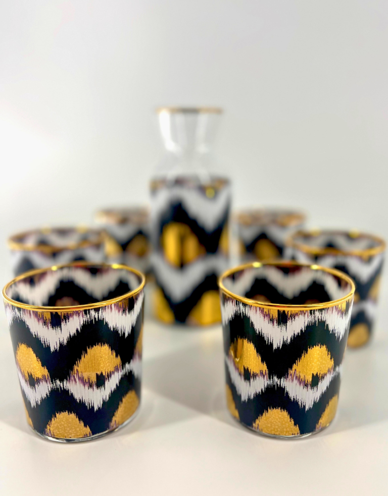 Les Ottomans Ikat gold decanter set - 6 glasses and jug - black