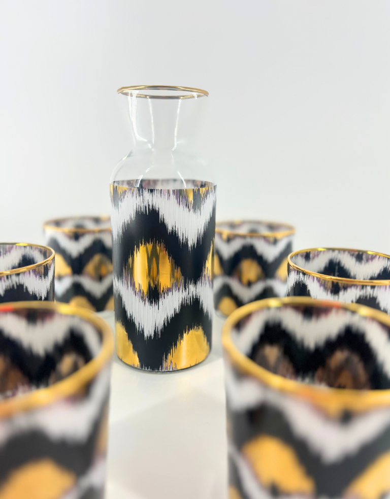 Les Ottomans Ikat gold decanter set - 6 glasses and jug - black