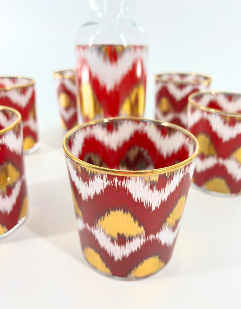 Les Ottomans Ikat gold decanter set - 6 glasses and Jug - red