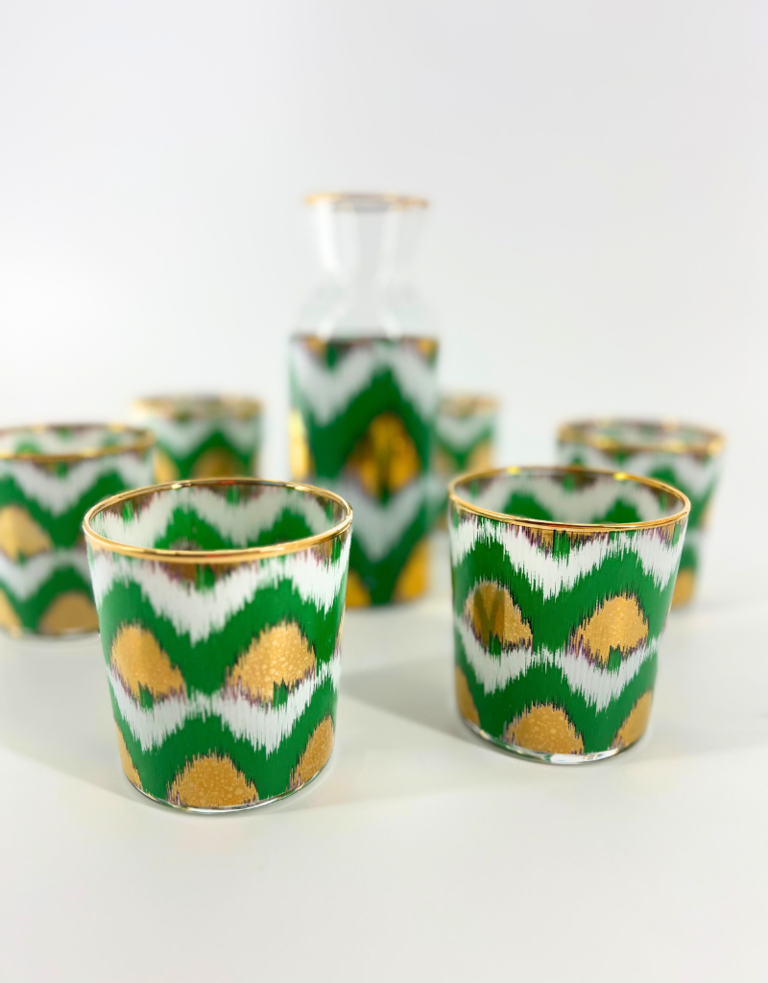 Les Ottomans Ikat gold decanter set -6 glasses and jug - green