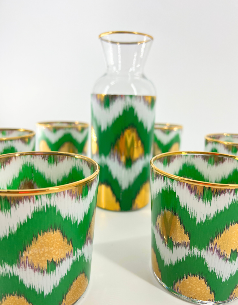 Les Ottomans Ikat gold decanter set -6 glasses and jug - green