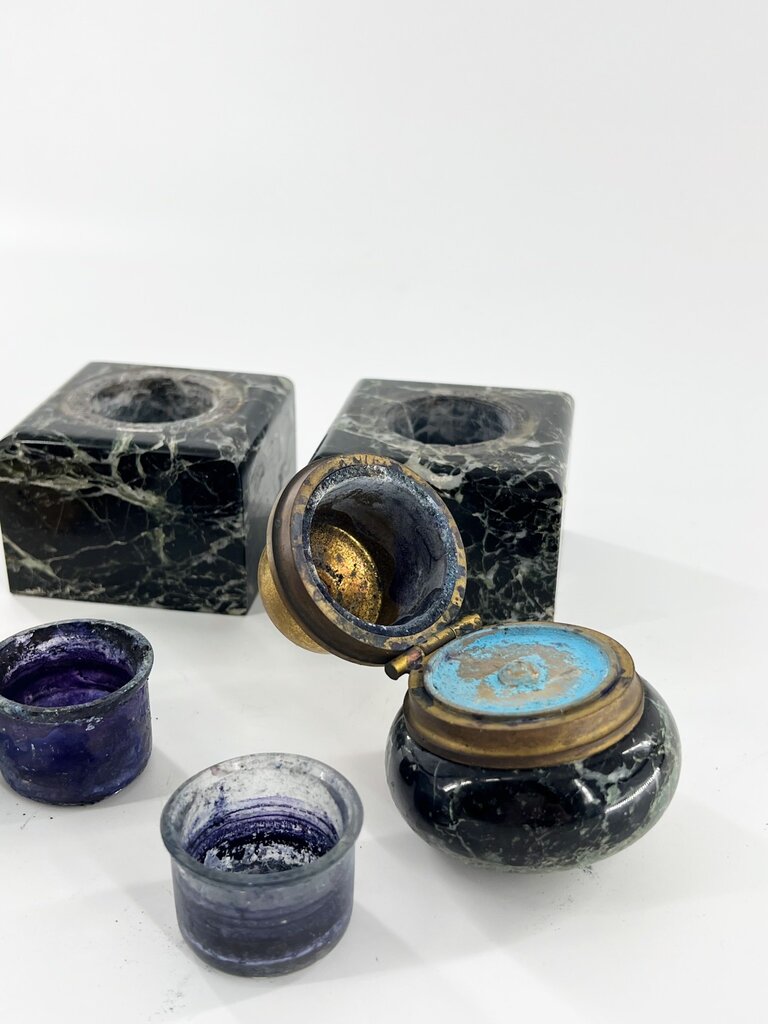 Vintage Set of two dark marble ink pots