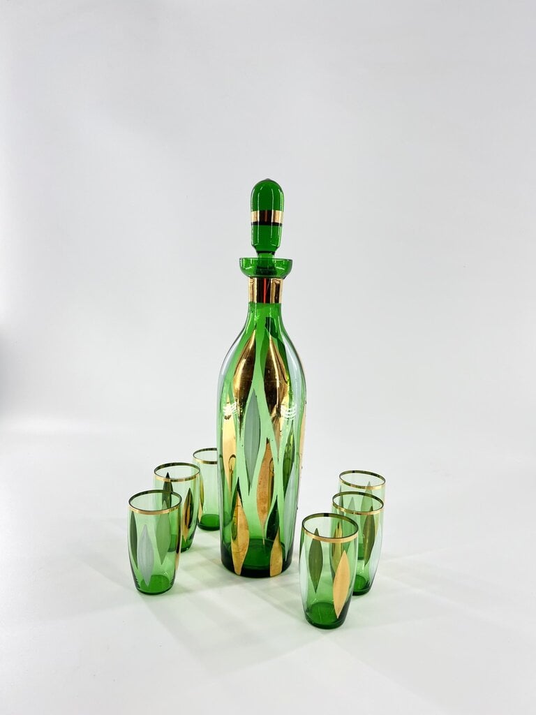 Vintage Green bohemian glass decanter with six glasses