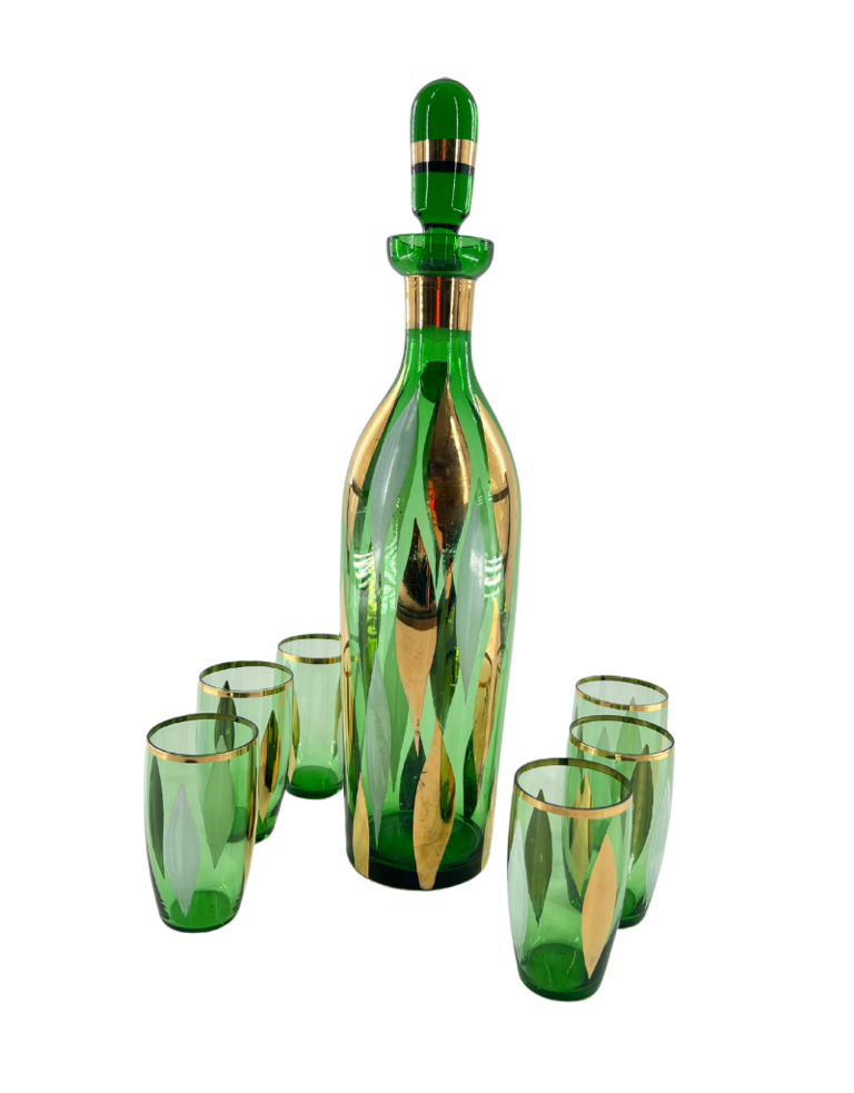 Vintage Green bohemian glass decanter with six glasses