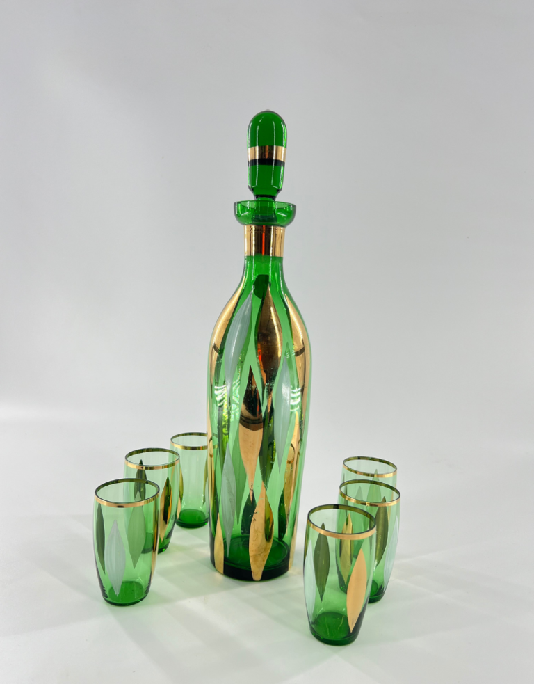 Vintage Green bohemian glass decanter with six glasses