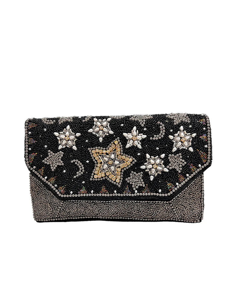 Clutch - zwart fluweel met maan en sterren