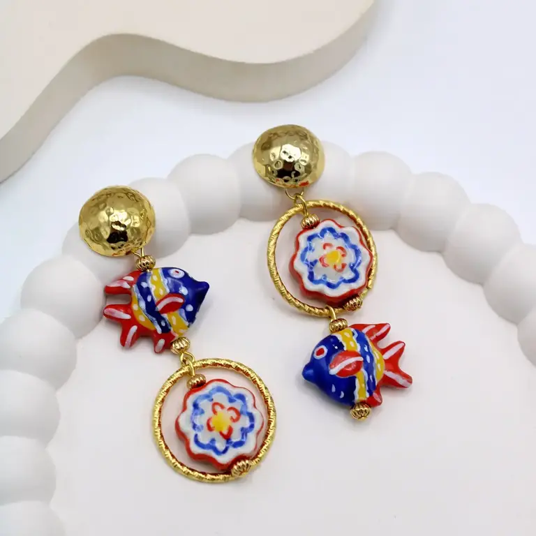 Midnight Foxes Studio Earrings with red, blue and yellow fish
