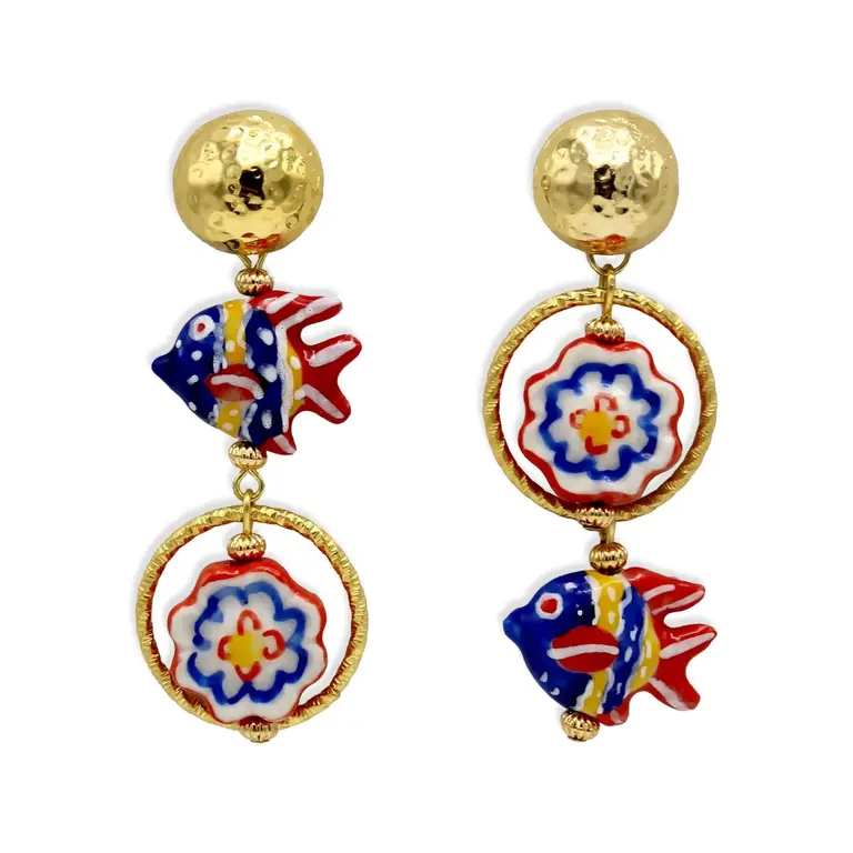 Midnight Foxes Studio Earrings with red, blue and yellow fish