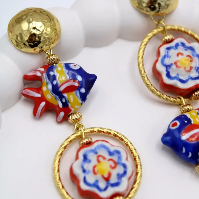 Midnight Foxes Studio Earrings with red, blue and yellow fish
