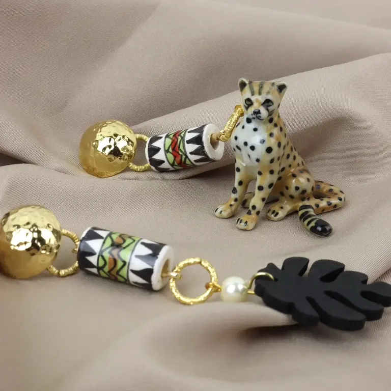 Midnight Foxes Studio Earrings with Cheetah and Monstera Leaf