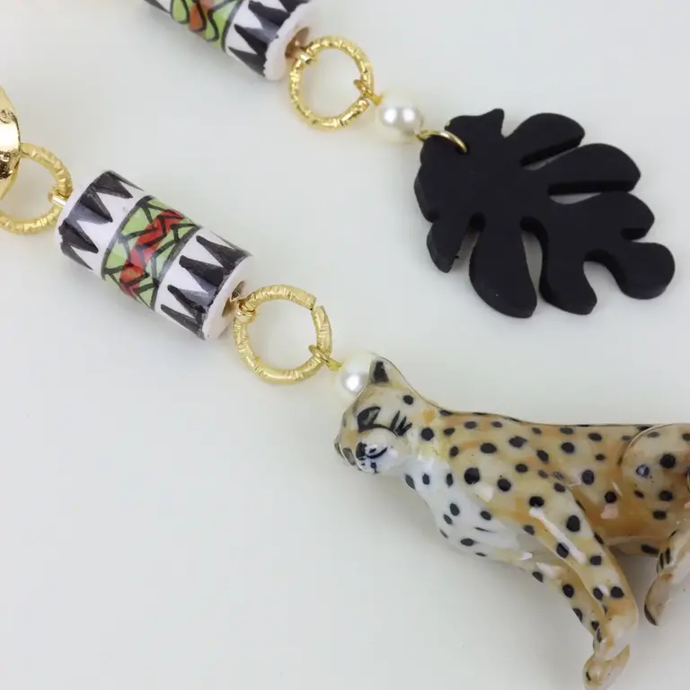 Midnight Foxes Studio Earrings with Cheetah and Monstera Leaf