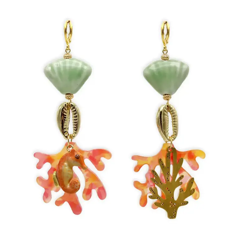Midnight Foxes Studio Earrings with sea horse and coral