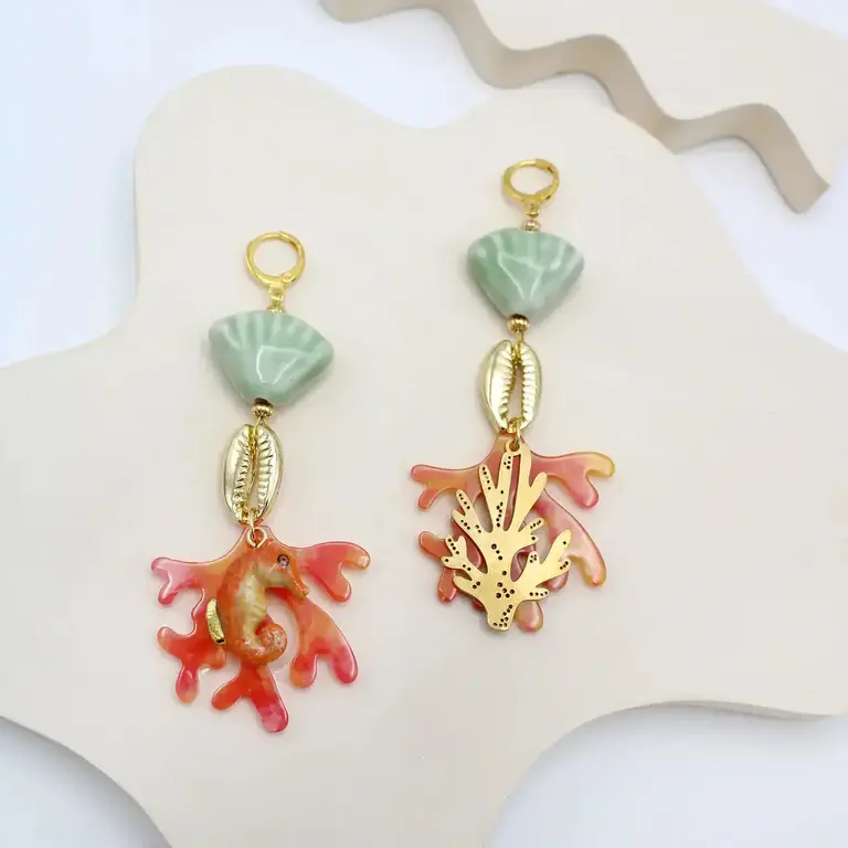 Midnight Foxes Studio Earrings with sea horse and coral