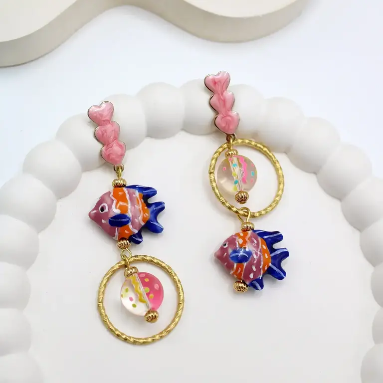 Midnight Foxes Studio Earrings with hearts and pink, blue and orange fish