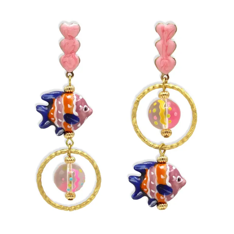 Midnight Foxes Studio Earrings with hearts and pink, blue and orange fish
