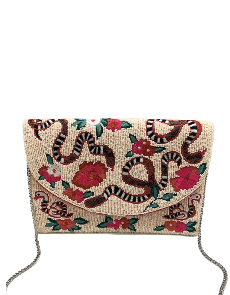 Clutch - cream beaded with flowers and snakes