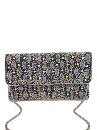 Clutch - black with beaded leaves and pearls Clutch - black with beaded leaves and pearls