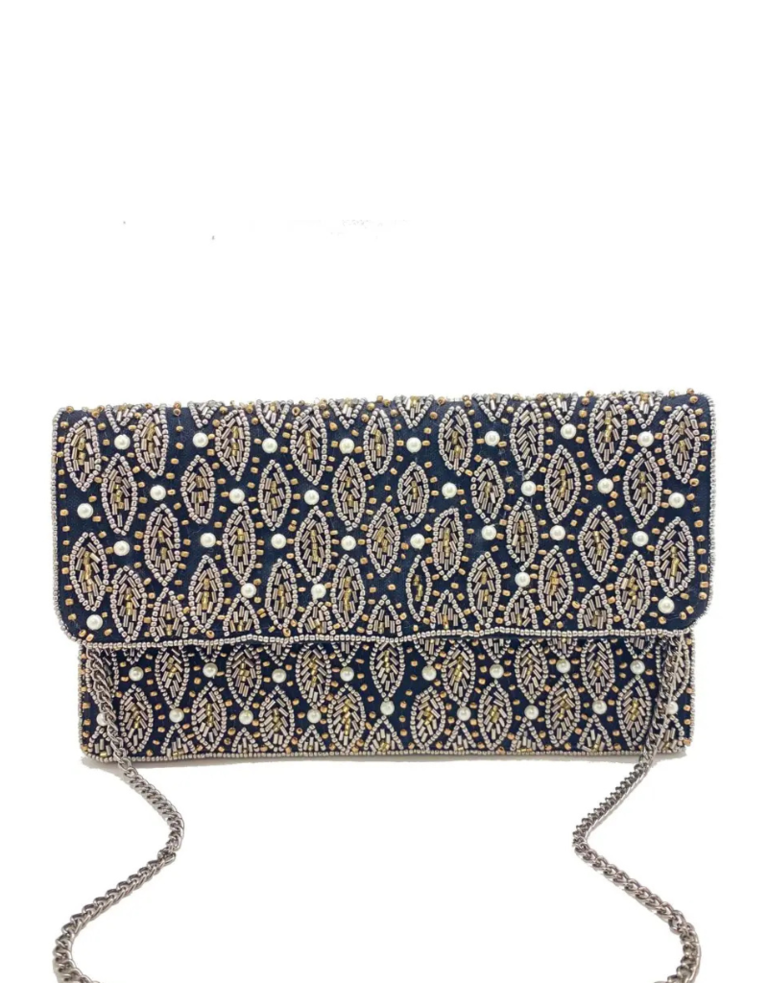 Clutch - black with beaded leaves and pearls