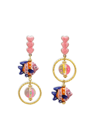 Midnight Foxes Studio Earrings with pink hearts and colored fish Midnight Foxes Studio Earrings with pink hearts and colored fish