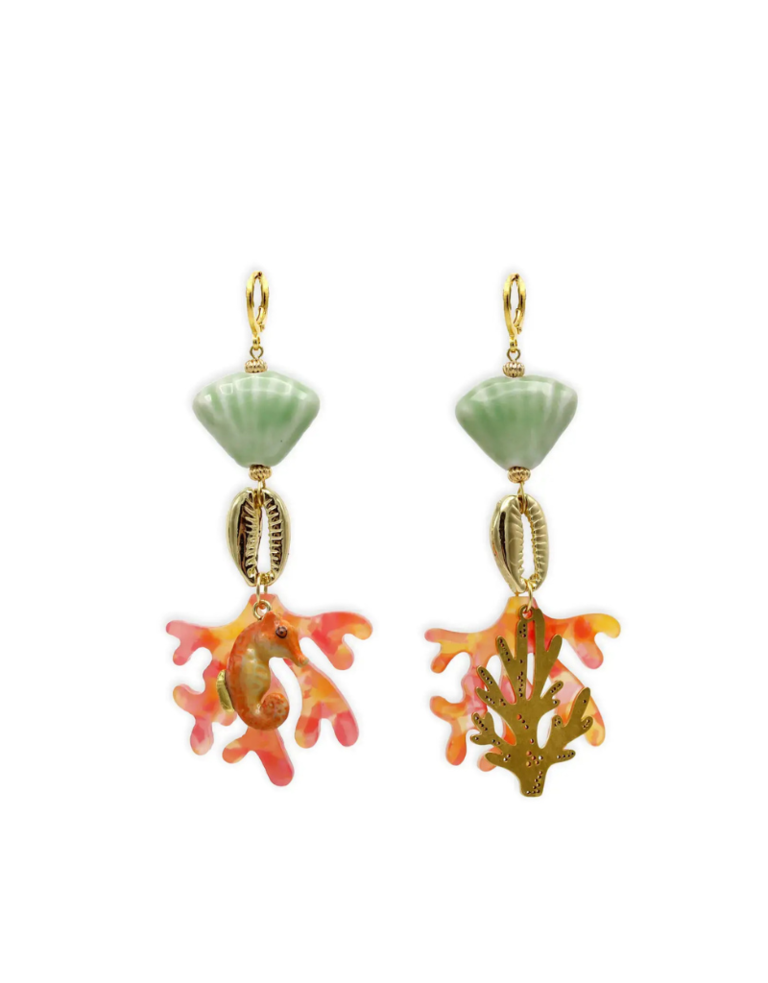 Midnight Foxes Studio Earrings with sea horse and coral