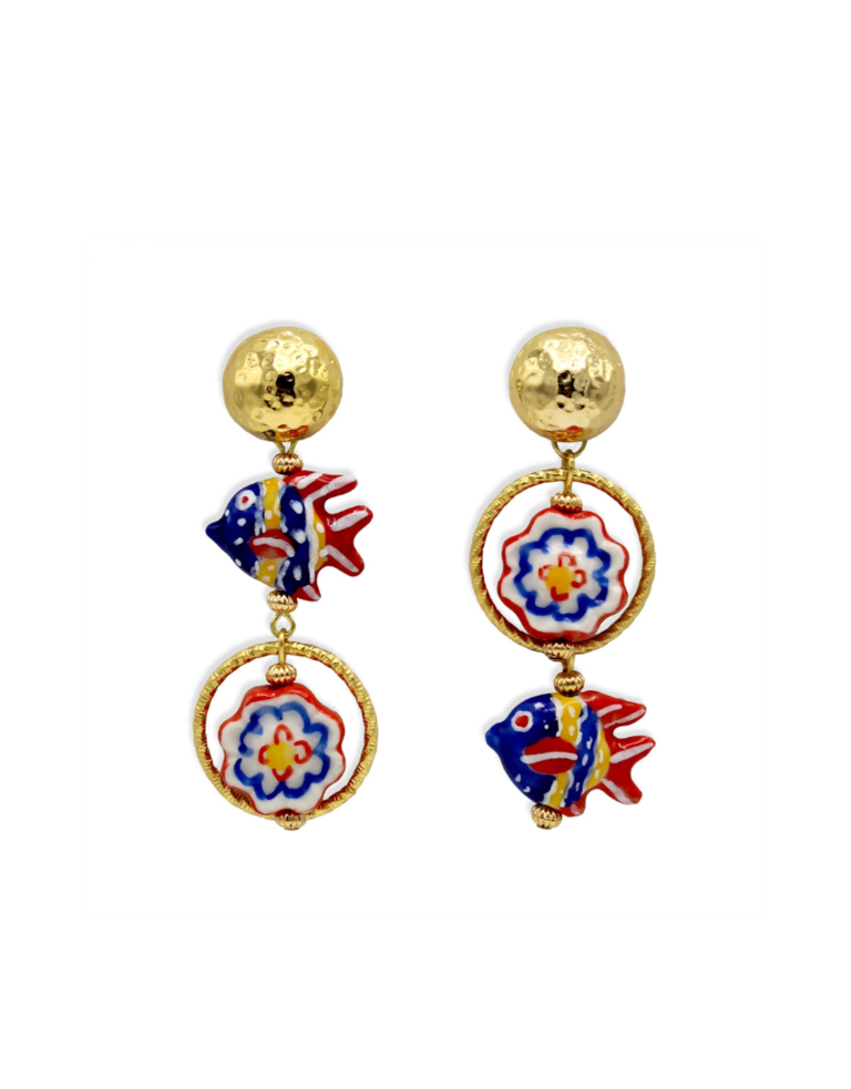 Midnight Foxes Studio Earrings with red, blue and yellow fish