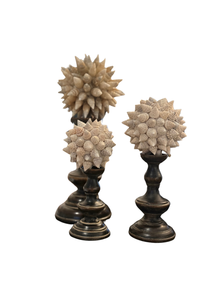 Ateliers Davoy Set of three Mosaic of Shell spheres low stands