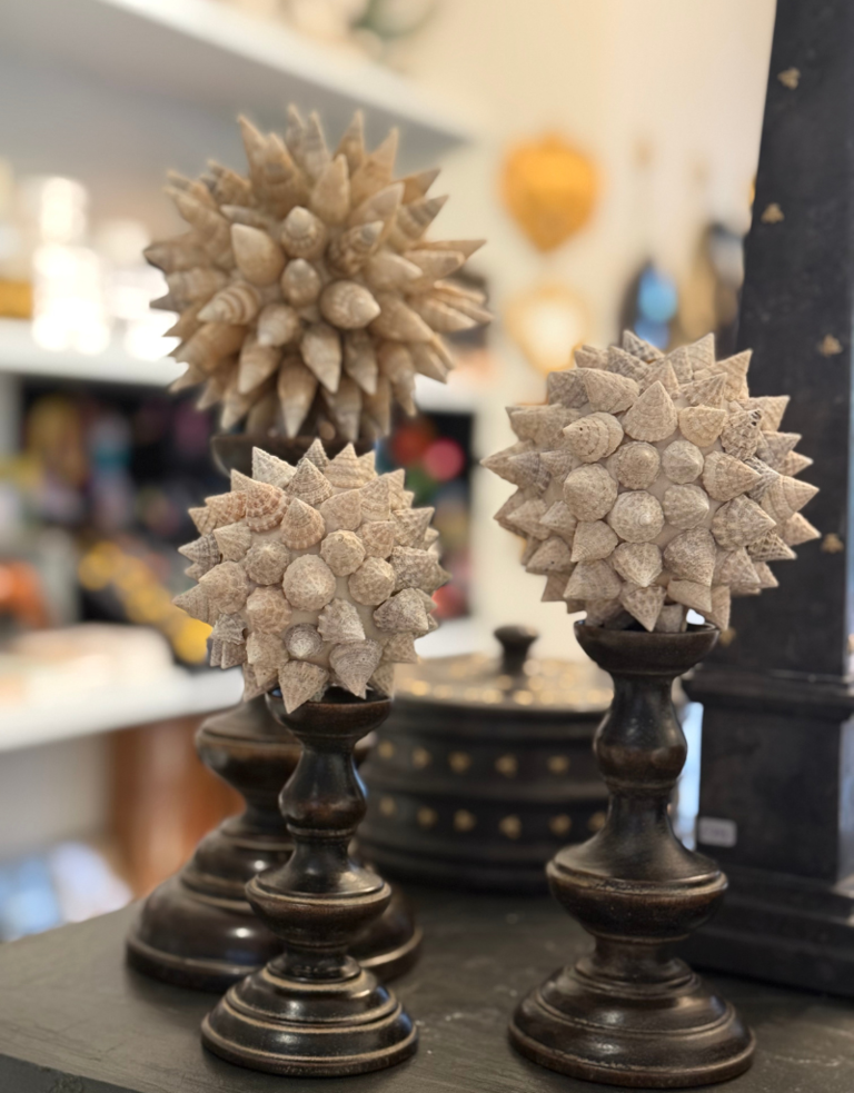 Ateliers Davoy Set of three Mosaic of Shell spheres low stands