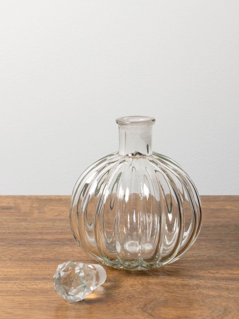 Small clear glass round carafe with stripes and stopper