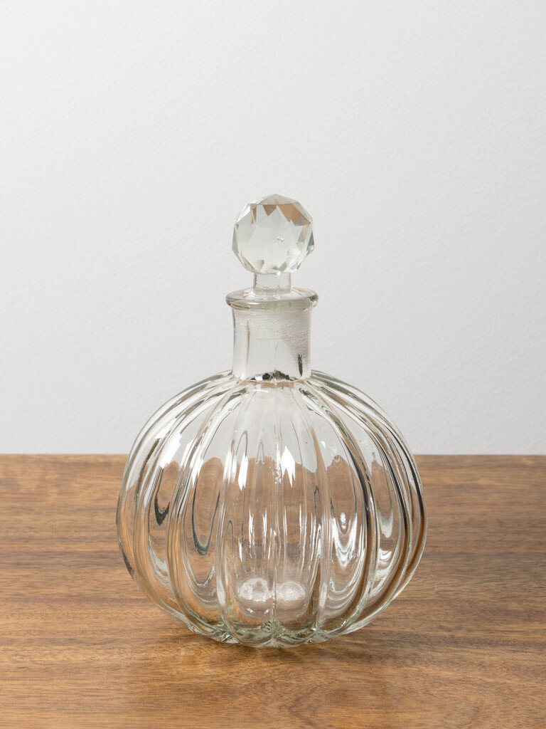 Small clear glass round carafe with stripes and stopper