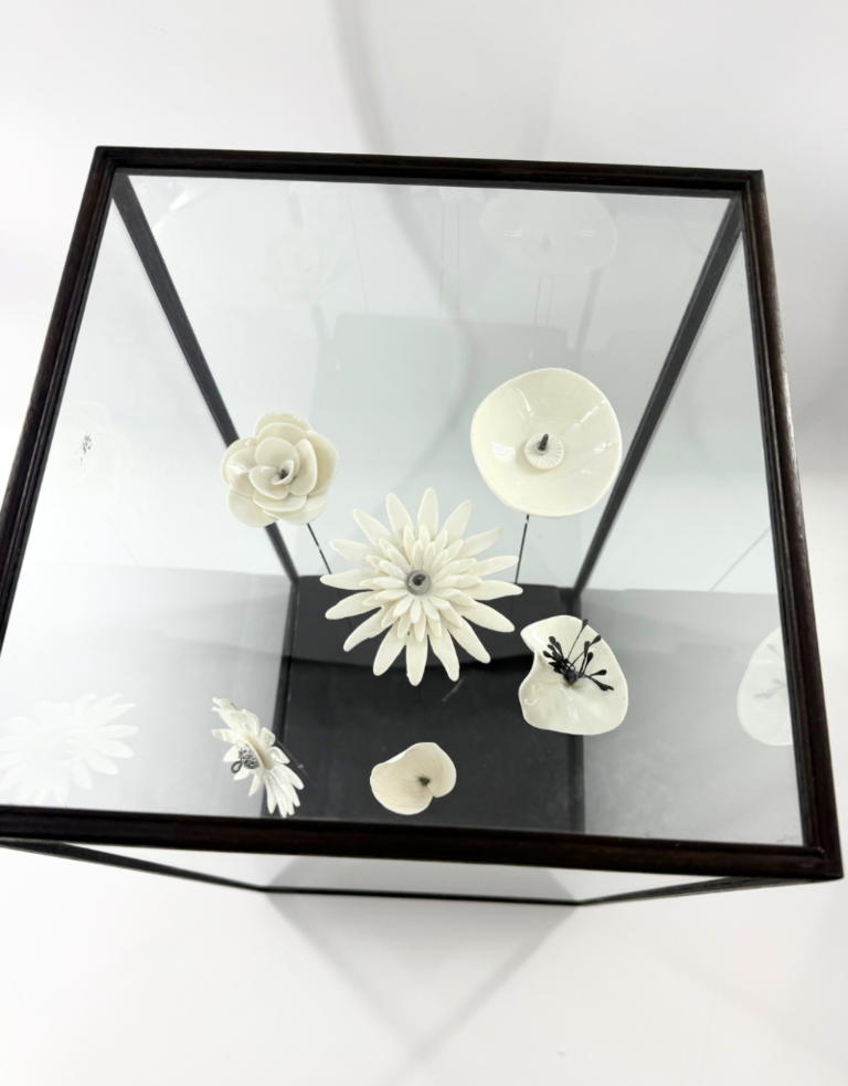 Alex Hackett Large glass display with Porcelain floral arrangement by Alex Hackett