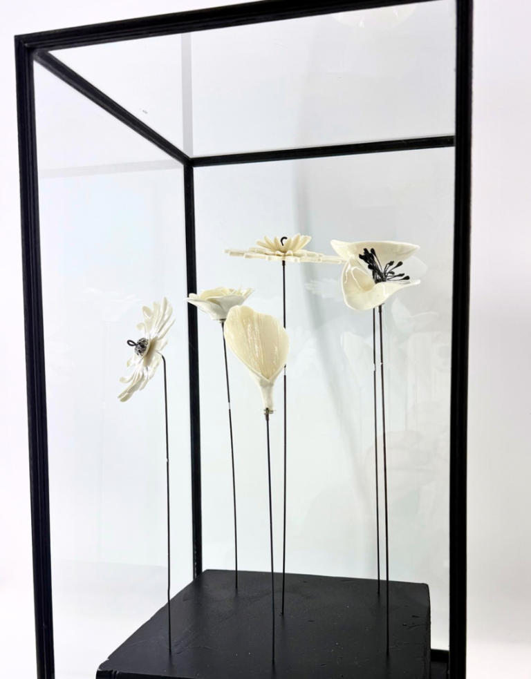 Alex Hackett Large glass display with Porcelain floral arrangement by Alex Hackett