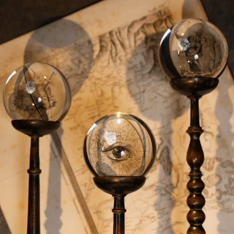 Ateliers Davoy Set of 3 Esoteric Glass Spheres on Wooden Stands