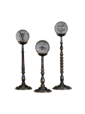 Ateliers Davoy Set of 3 Esoteric Glass Spheres on Wooden Stands Ateliers Davoy Set of 3 Esoteric Glass Spheres on Wooden Stands
